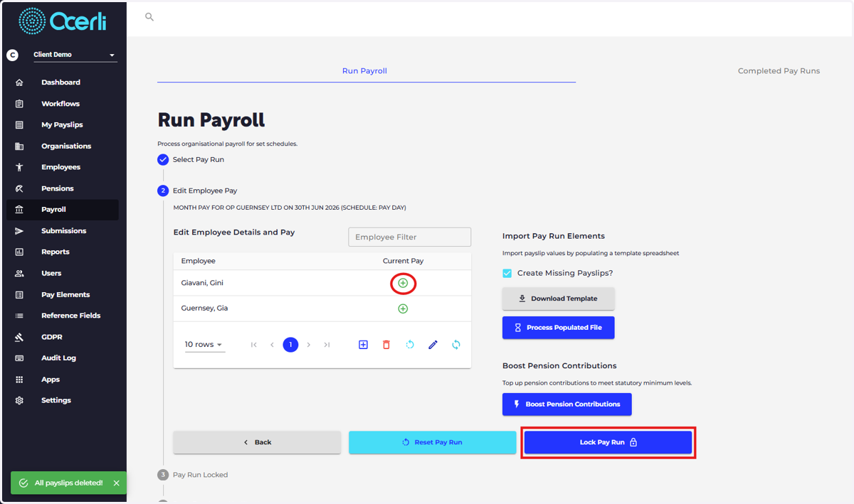 Once the payslips have been deleted, the icon next to each employee should be the green + icon as shown below.