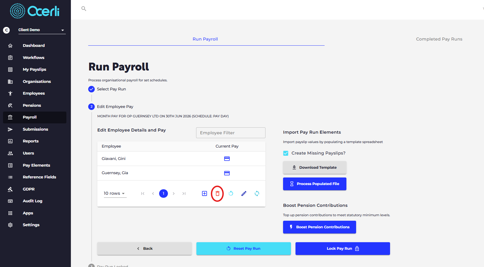 Select the bin icon to delete all payslips from this pay run.