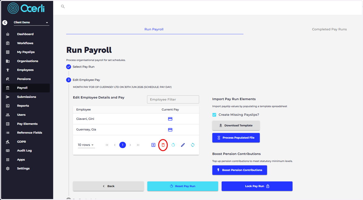 Select the bin icon to delete all payslips from this pay run.