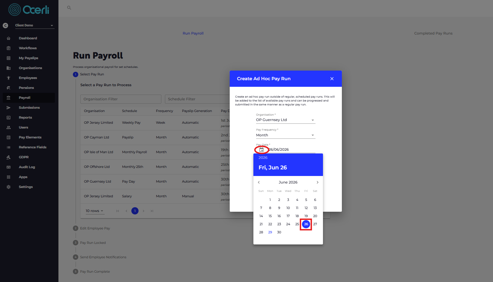 You can also use the calendar to choose a Pay Date and Pay Start and End Date
