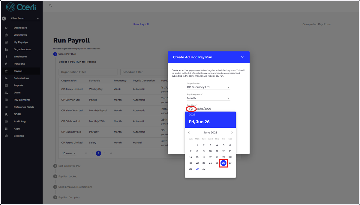 You can also use the calendar to choose a Pay Date and Pay Start and End Date