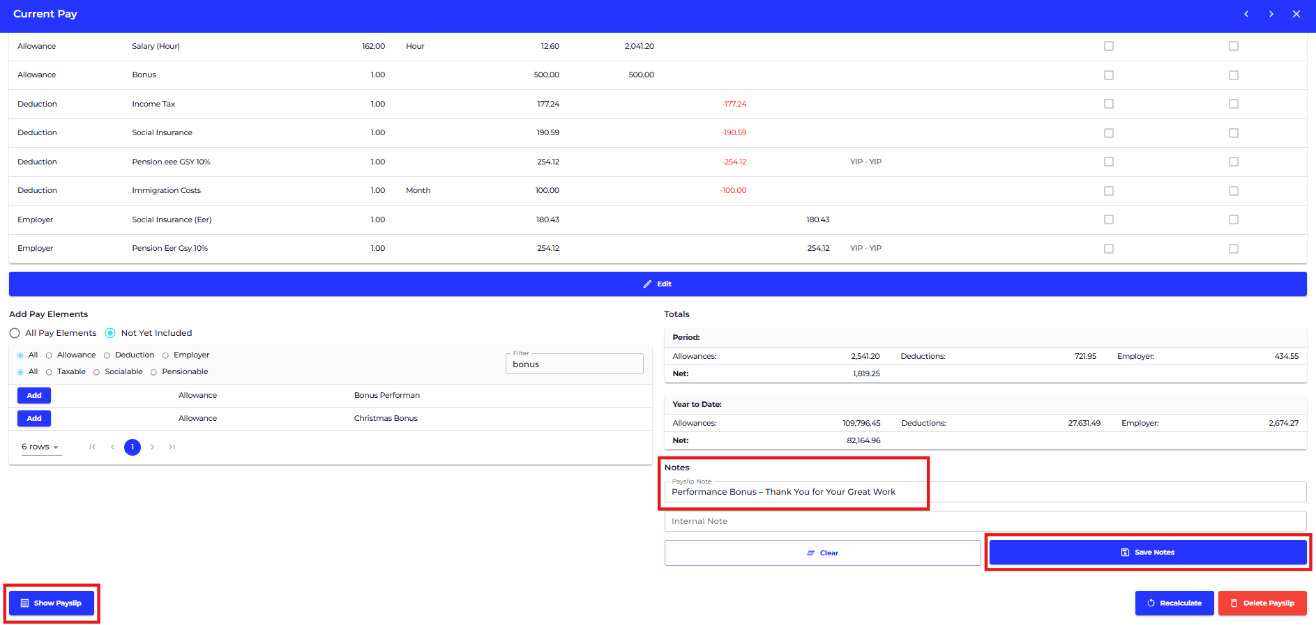 If you would like to add a note on the payslip for an employee, please add in the payslip note at the bottom right of the screen and press 'SAVE'.