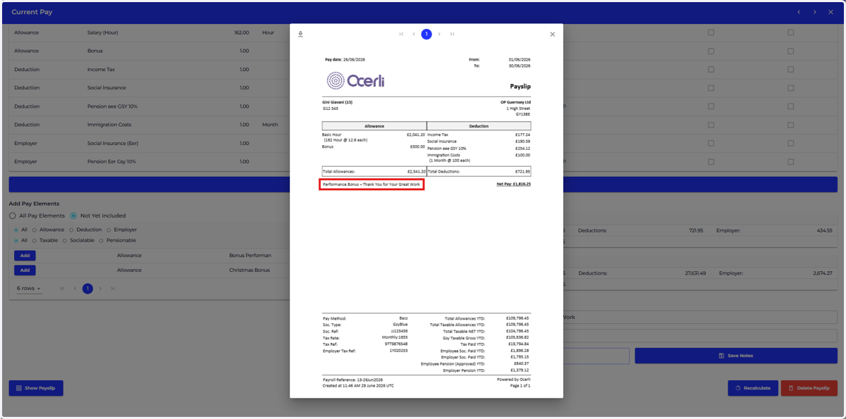You can review the note on the payslip, as shown below