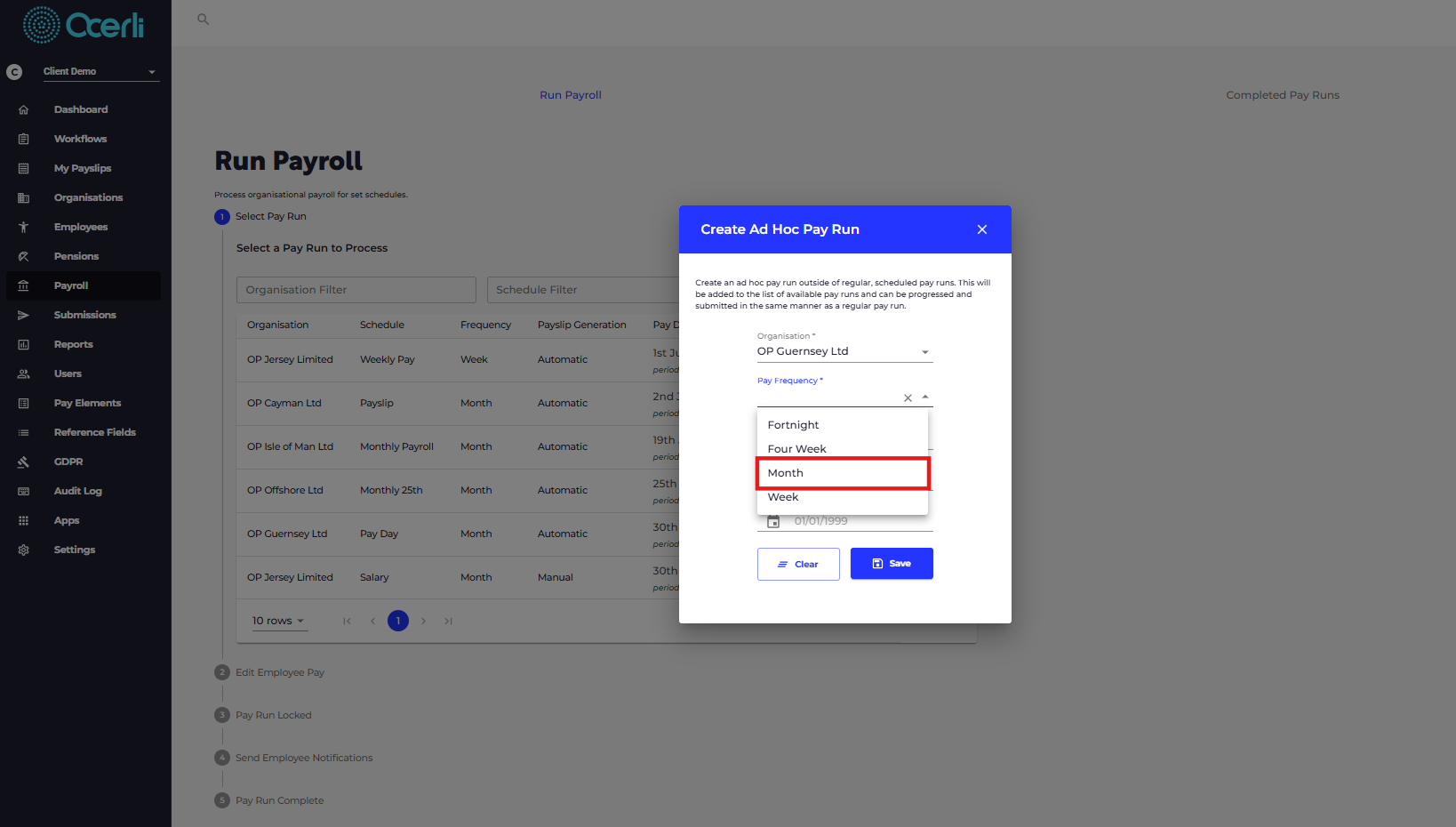 Select the Pay Frequency for this pay run