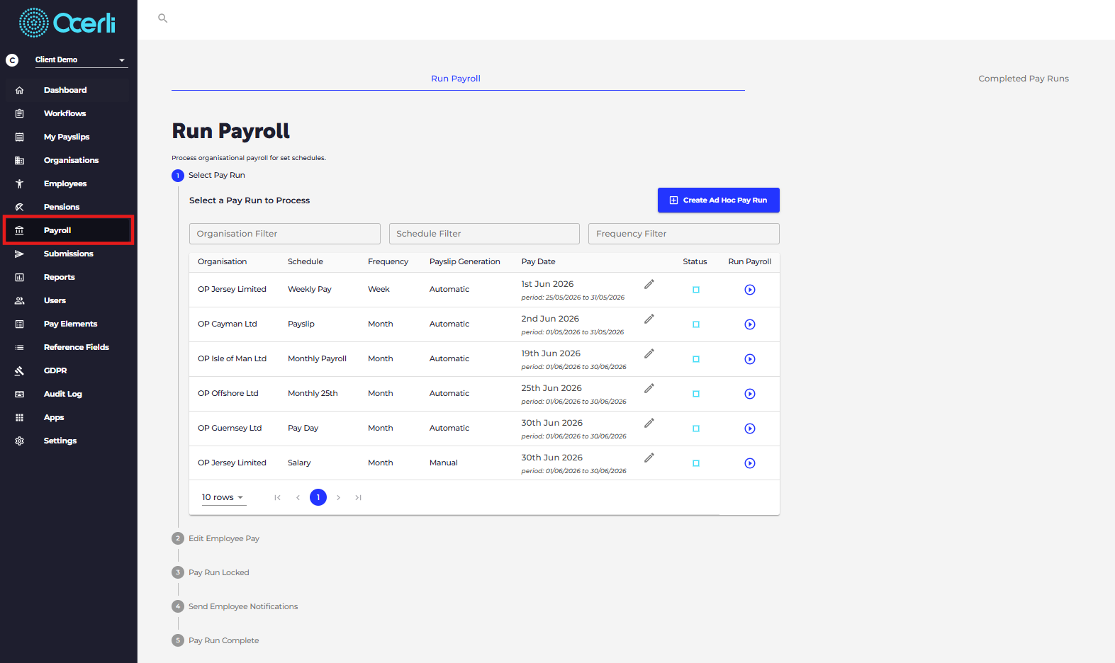Click on Payroll on the main menu on the left hand side of the screen