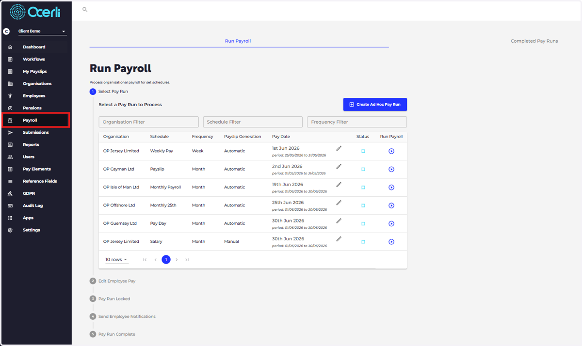 Click on Payroll on the main menu on the left hand side of the screen