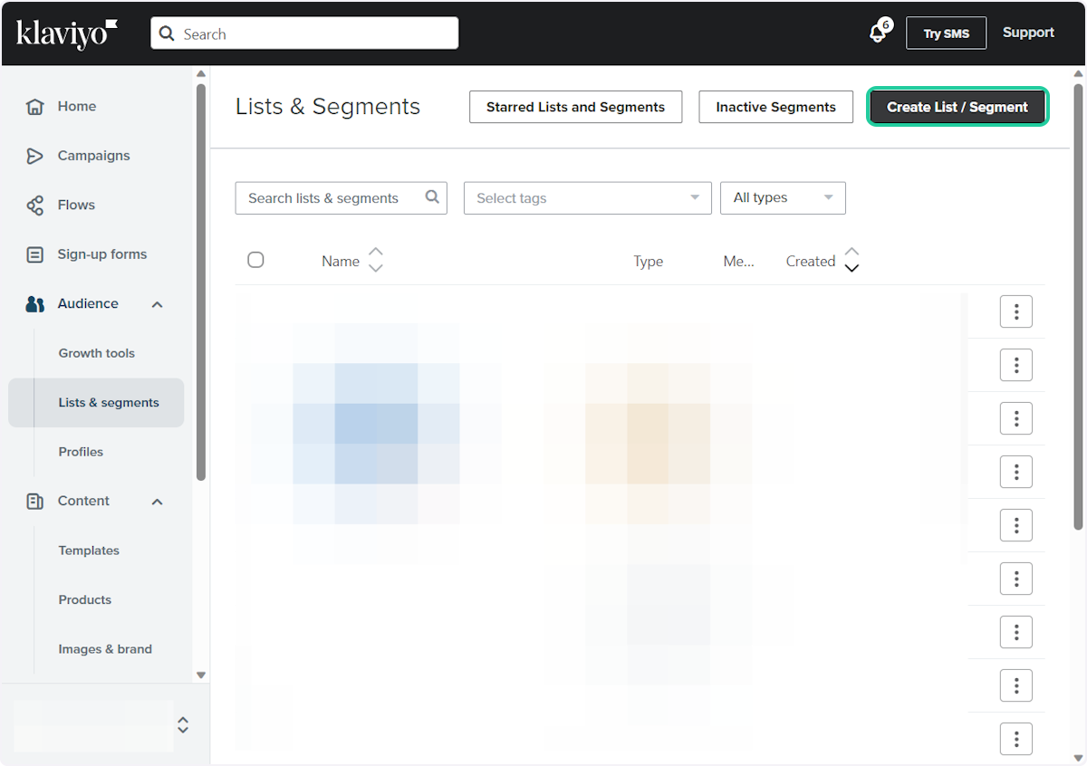 On the Lists & segments page, click on Create List / Segment, and then select Segment