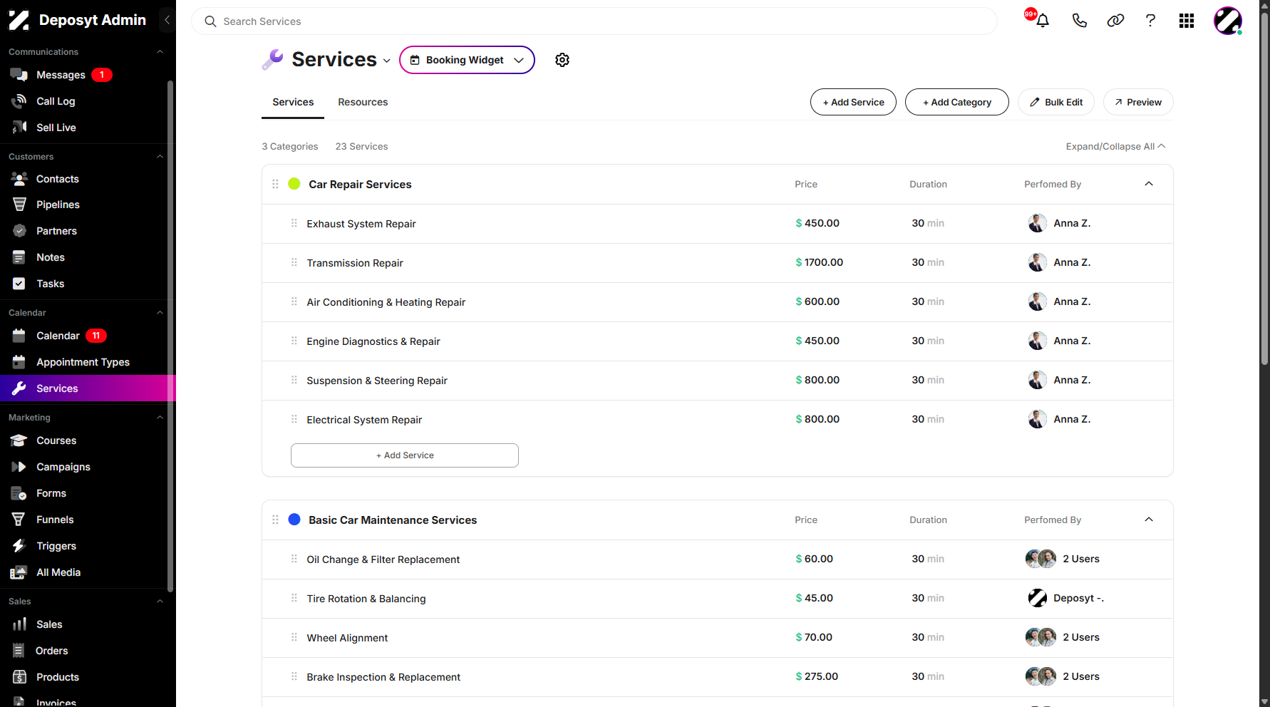 Step 1: On your Dashboard, navigate to the Services tab under the Calendar section.