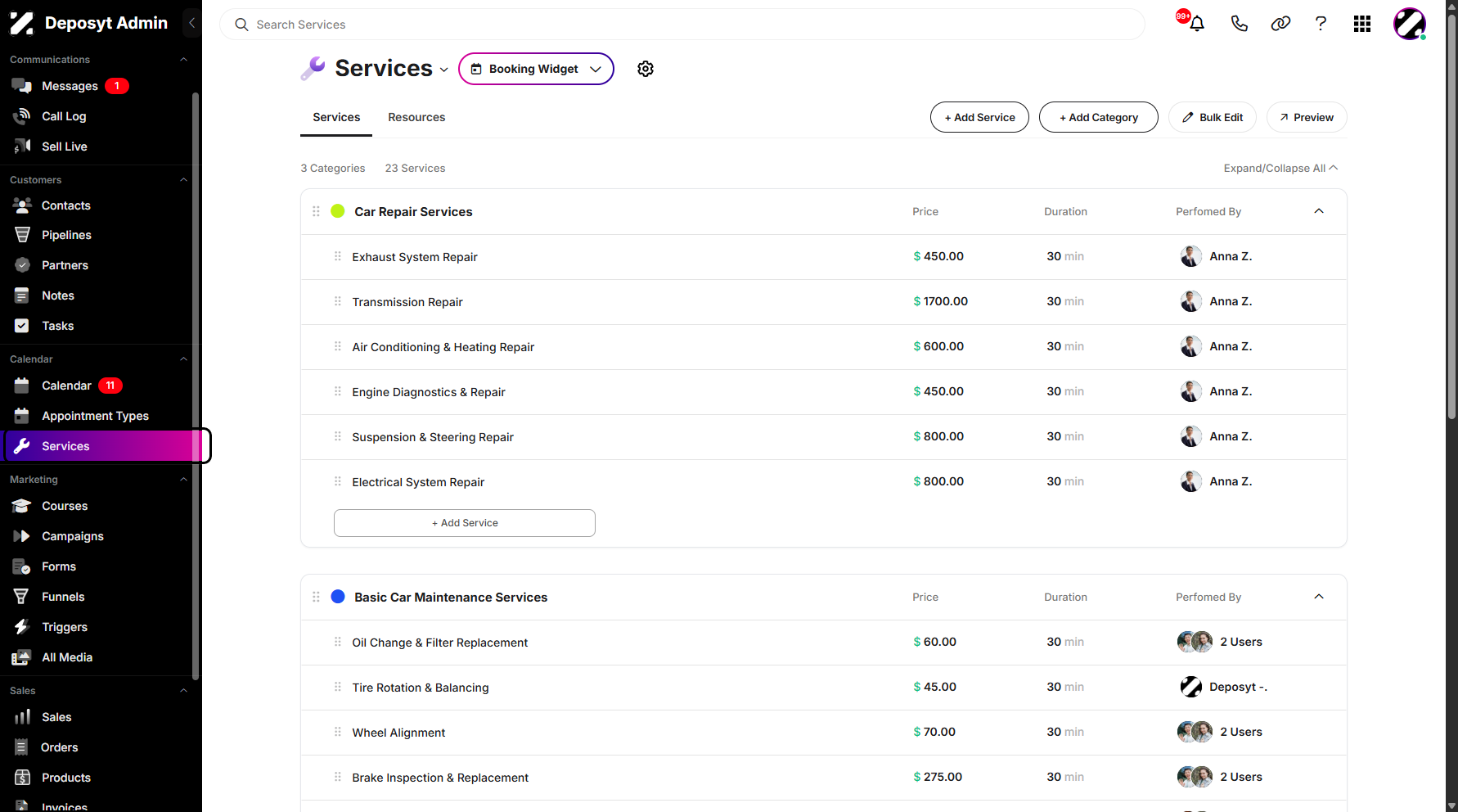 Step 1: On your Dashboard, navigate to the Services tab under the Calendar section.