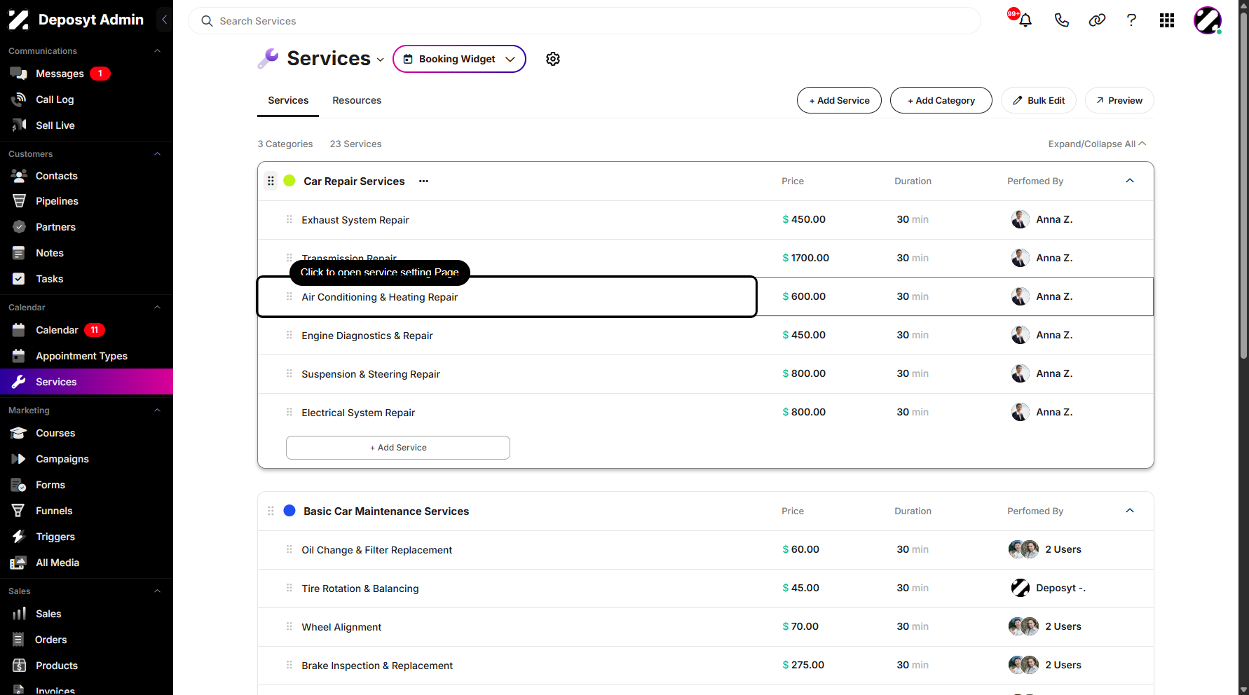 Step 6: You can also add a new category within the Services editing page. Select any service and click on it.