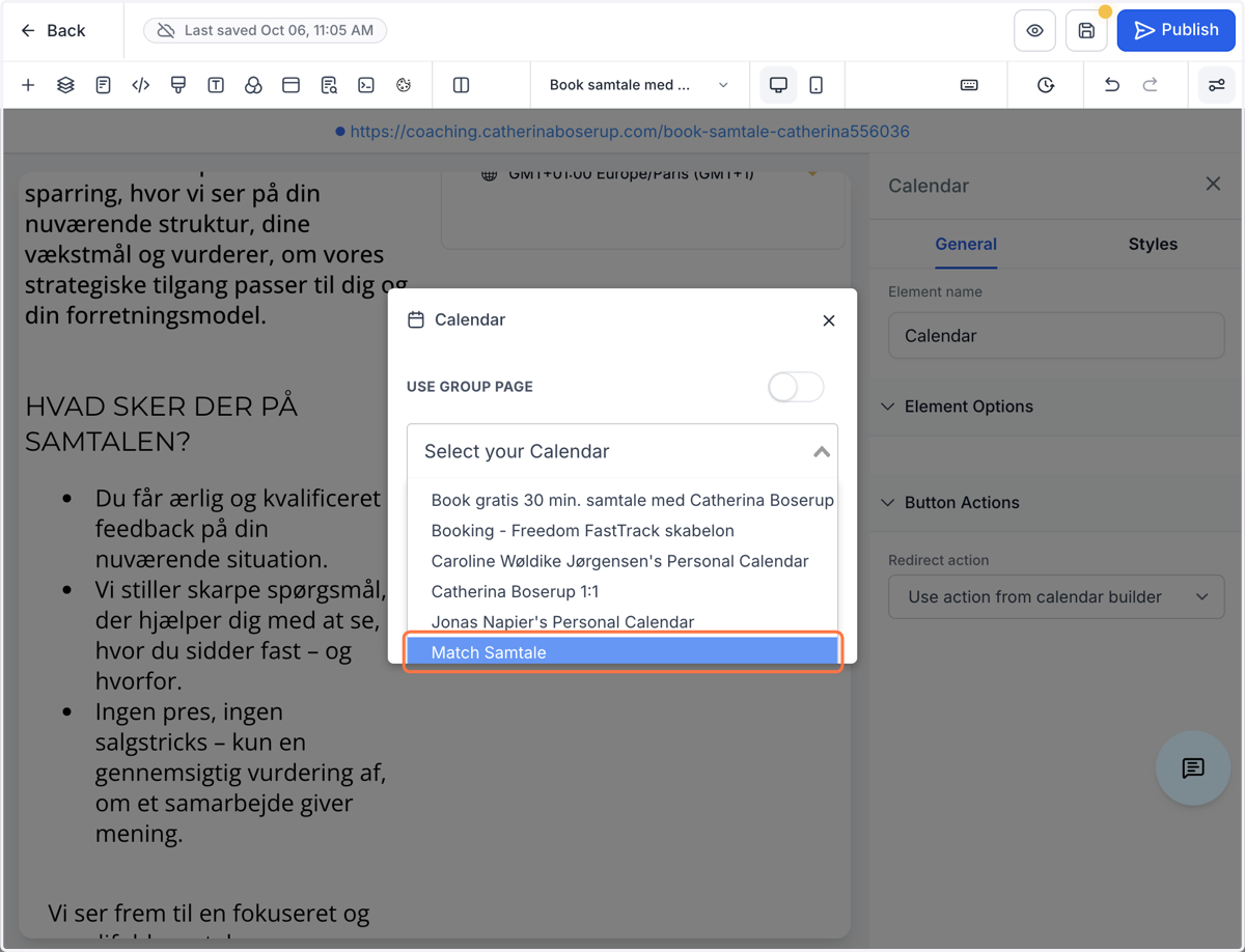 Vælg din kalender fx "Match Samtale"