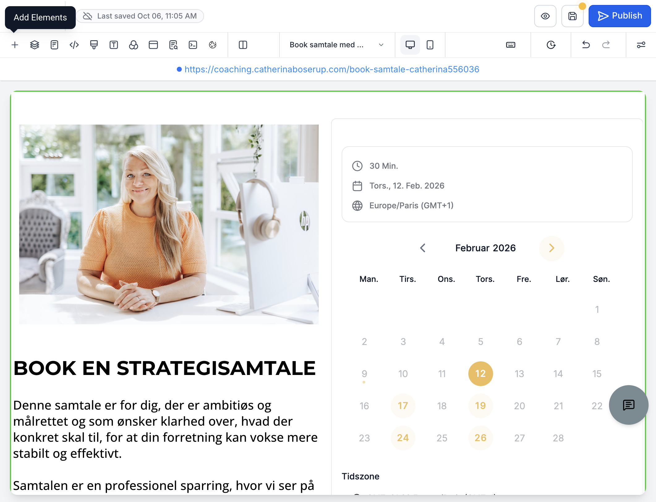 For at indsætte din kalender på en side, klik på "Add Elements"