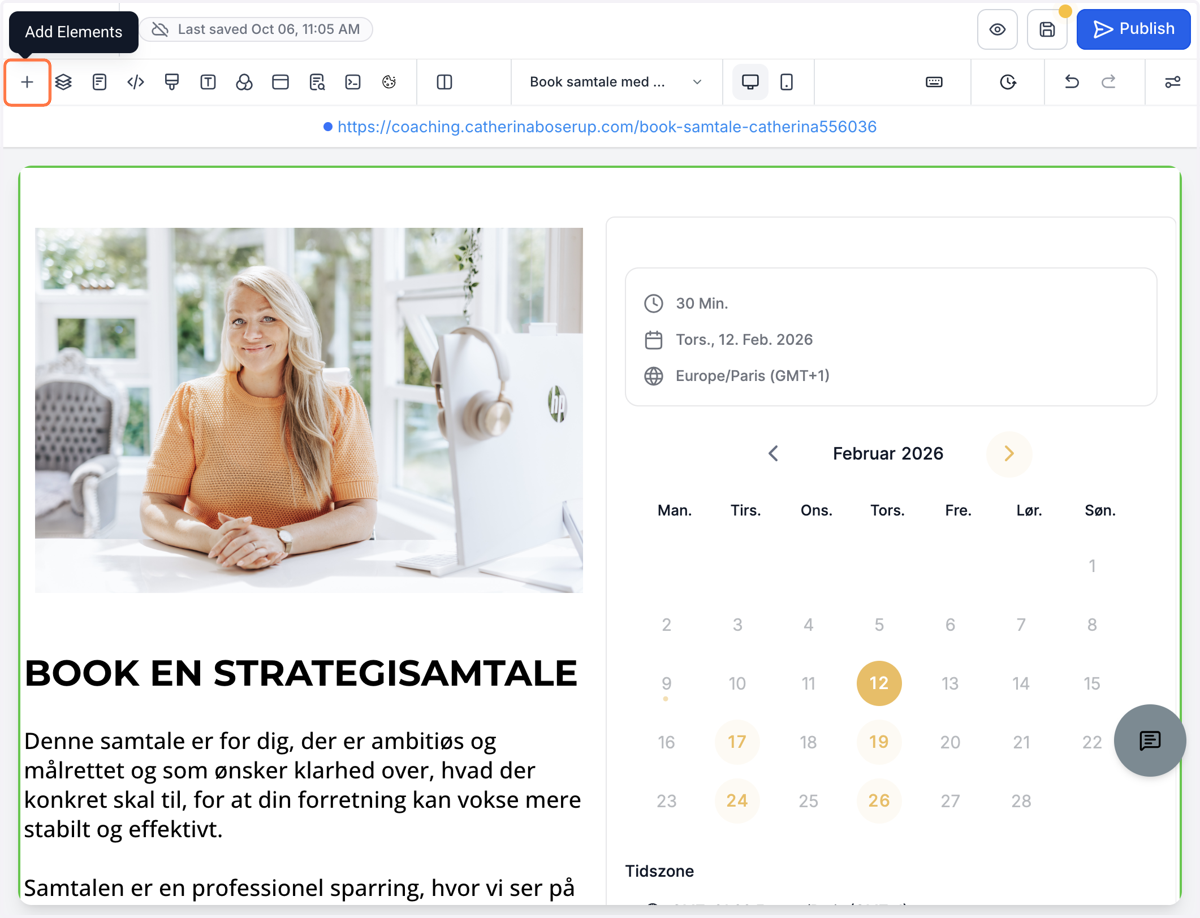 For at indsætte din kalender på en side, klik på "Add Elements"