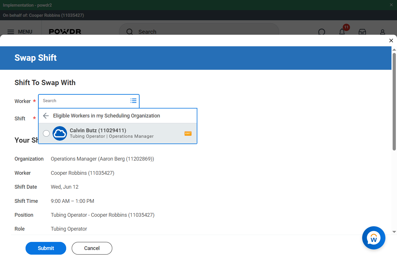 Click on Calvin Butz (11029411) Tubing Operator Operations Manager radio button unselected has related actions