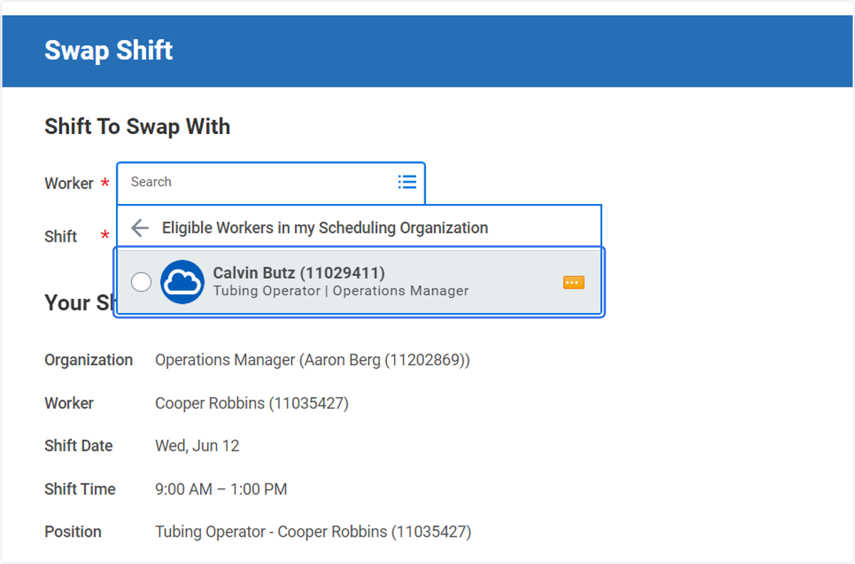Click on Calvin Butz (11029411) Tubing Operator Operations Manager radio button unselected has related actions