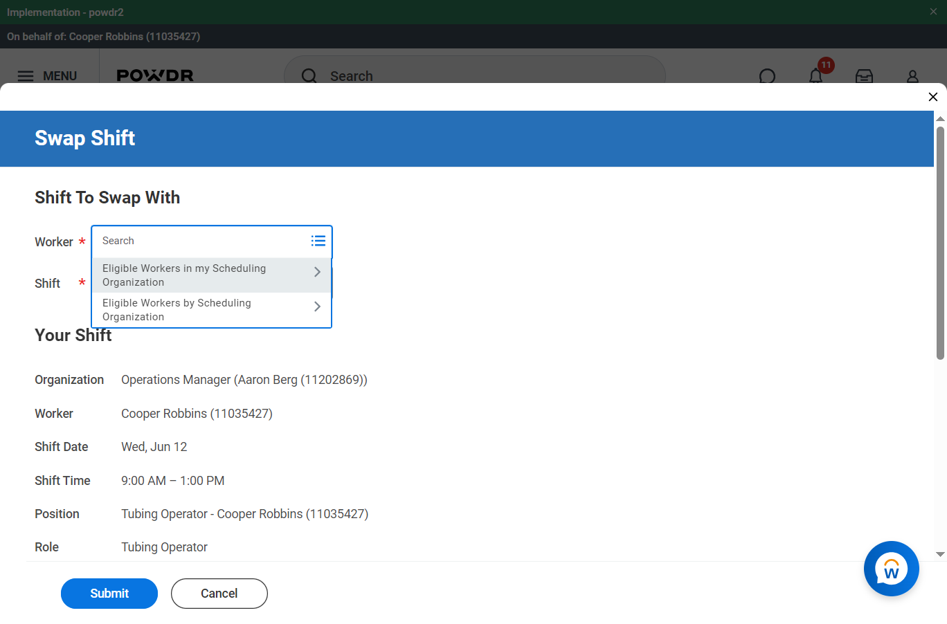 Click on Submenu Eligible Workers in my Scheduling Organization