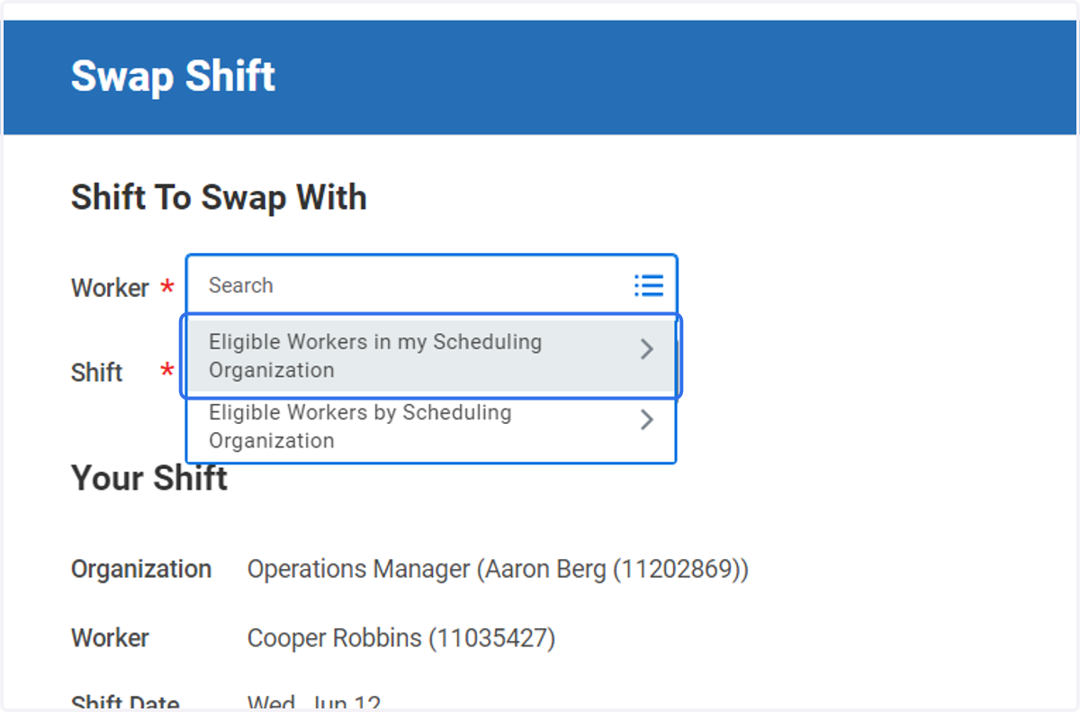 Click on Submenu Eligible Workers in my Scheduling Organization
