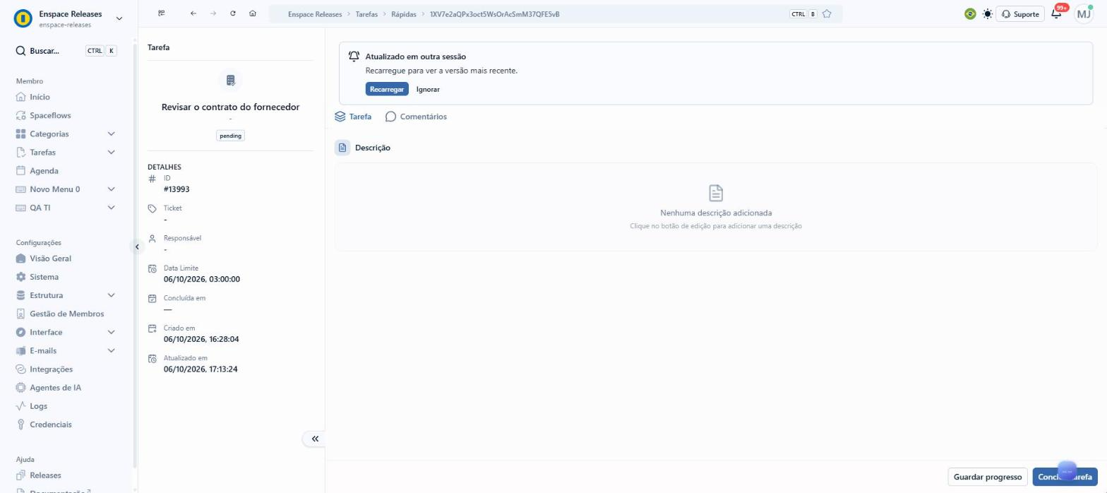 A tela da tarefa traz o mesmo aviso Atualizado em outra sessão assim que outra pessoa a altera. Clique em Recarregar para ver a versão mais recente; Ignorar mantém a tela como está
