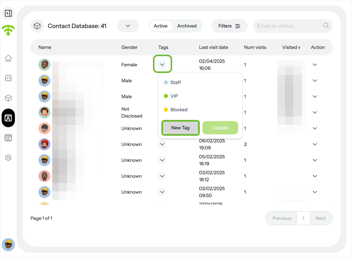 Click on the tags drop-down menu next to the contact profile.