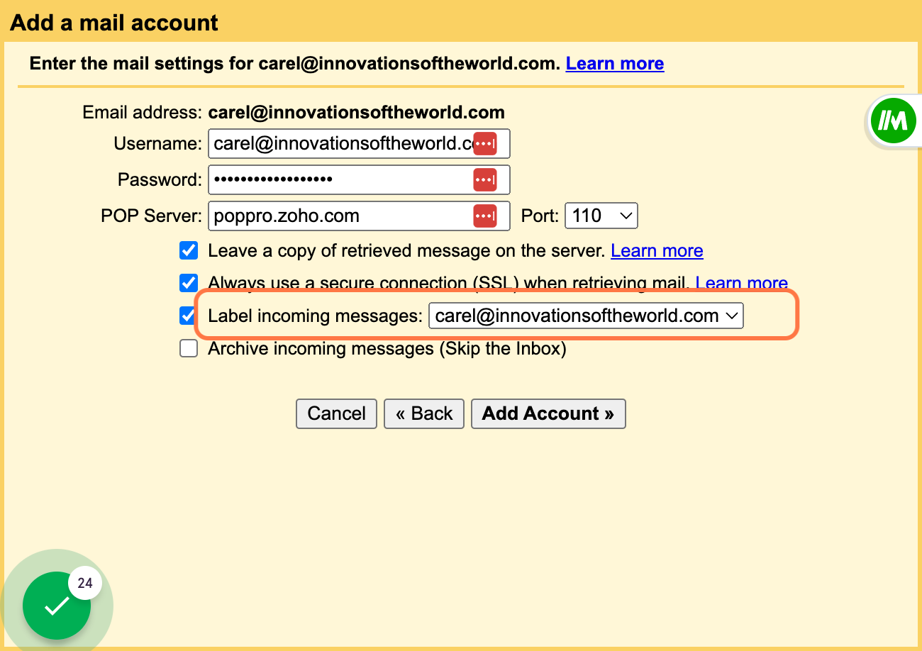 Check Label incoming messages: