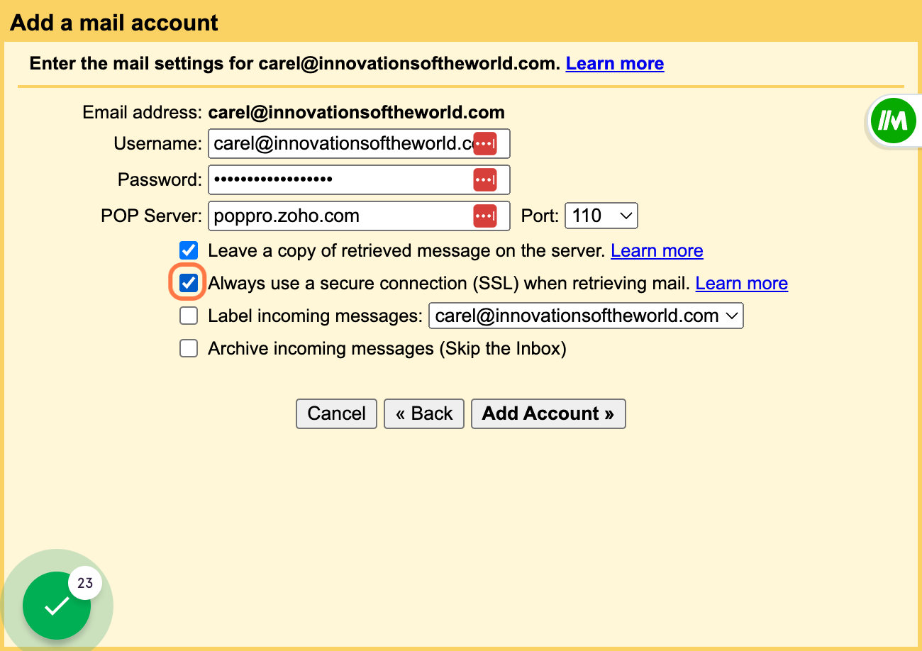 Check Always use a secure connection (SSL) when retrieving mail.