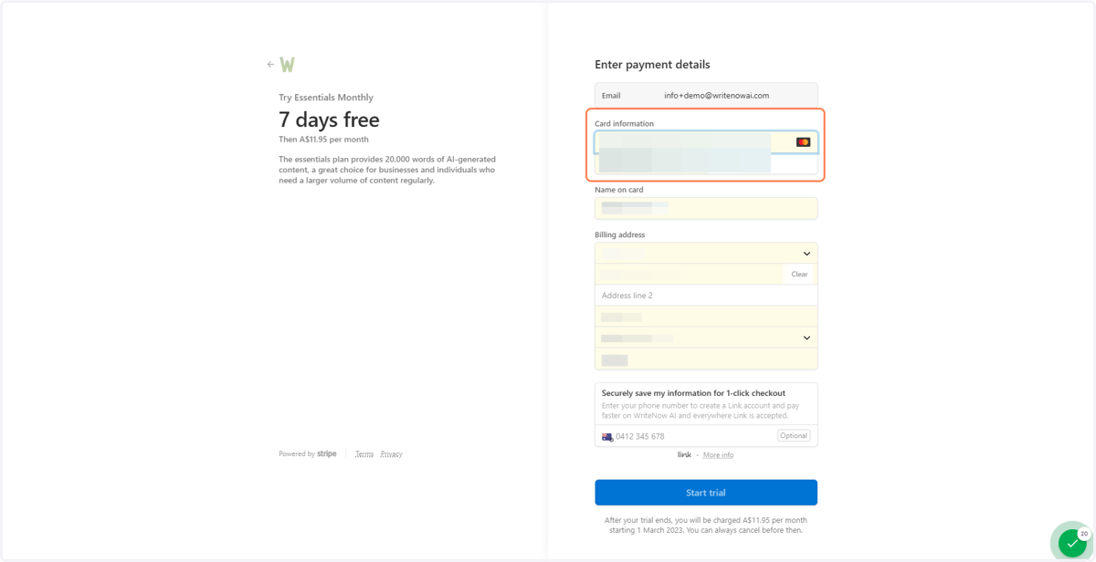 Enter your credit card information and billing details