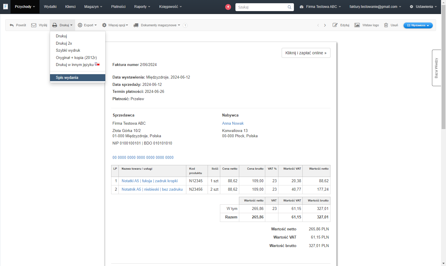 Z dostępnych opcji wybierz 'Spis wydania'.