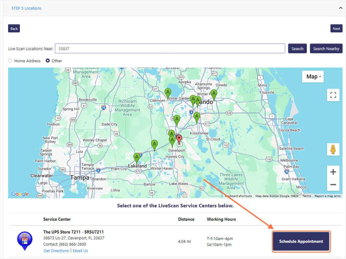 Once you get to Step 5, you can search for Live Scan locations near you. Click schedule appointment at your chosen location. Select a date and time that works for you.