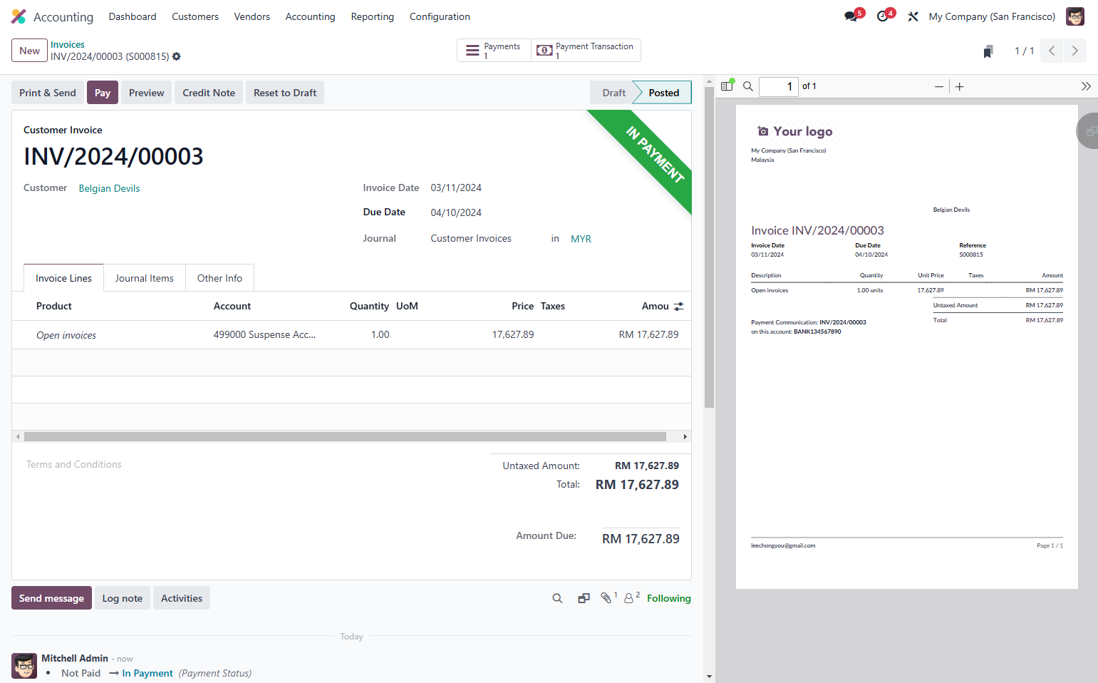 View of the invoice after payment was made.