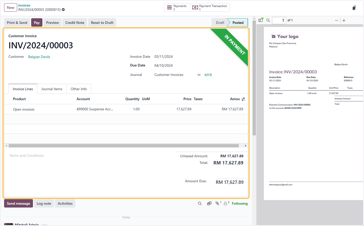 View of the invoice after payment was made.