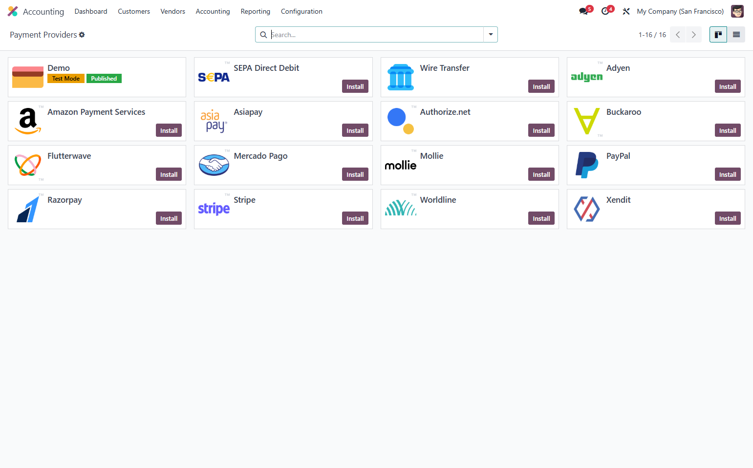 List of available payment providers on Odoo