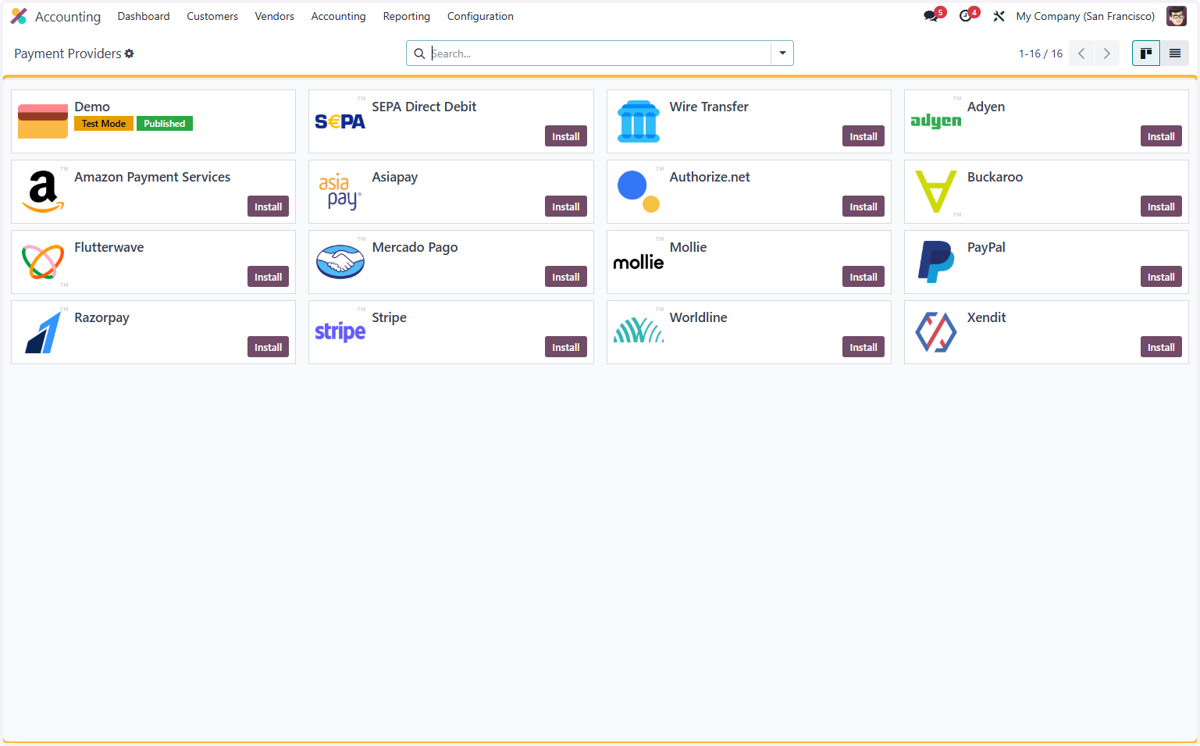 List of available payment providers on Odoo