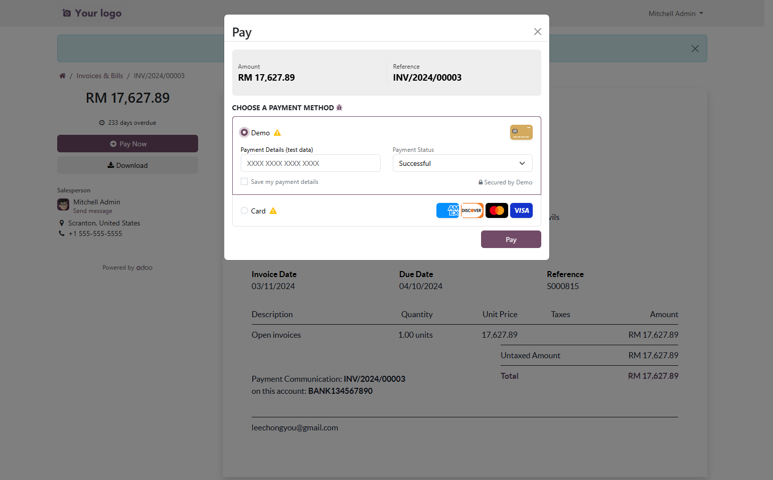 Select a payment method. For example, Demo