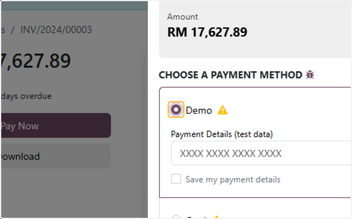 Select a payment method. For example, Demo