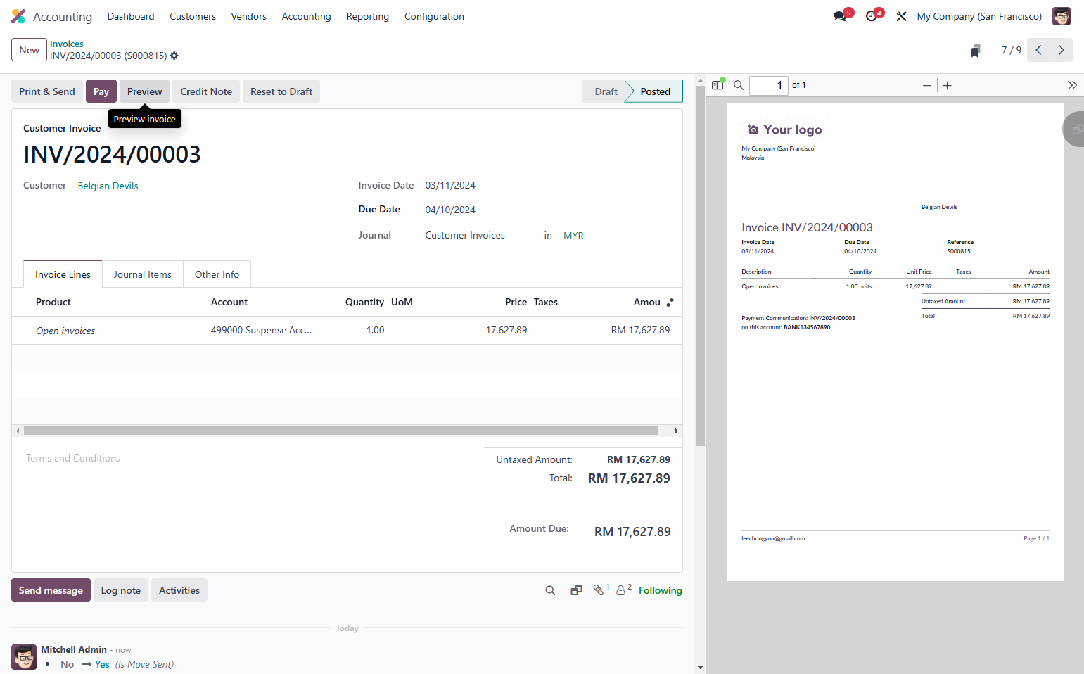 Click on Preview. This will show how the customer will view payment upon receiving the email
