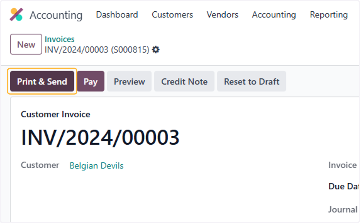Select desired Invoice or create new. Once done, Click on Print & Send