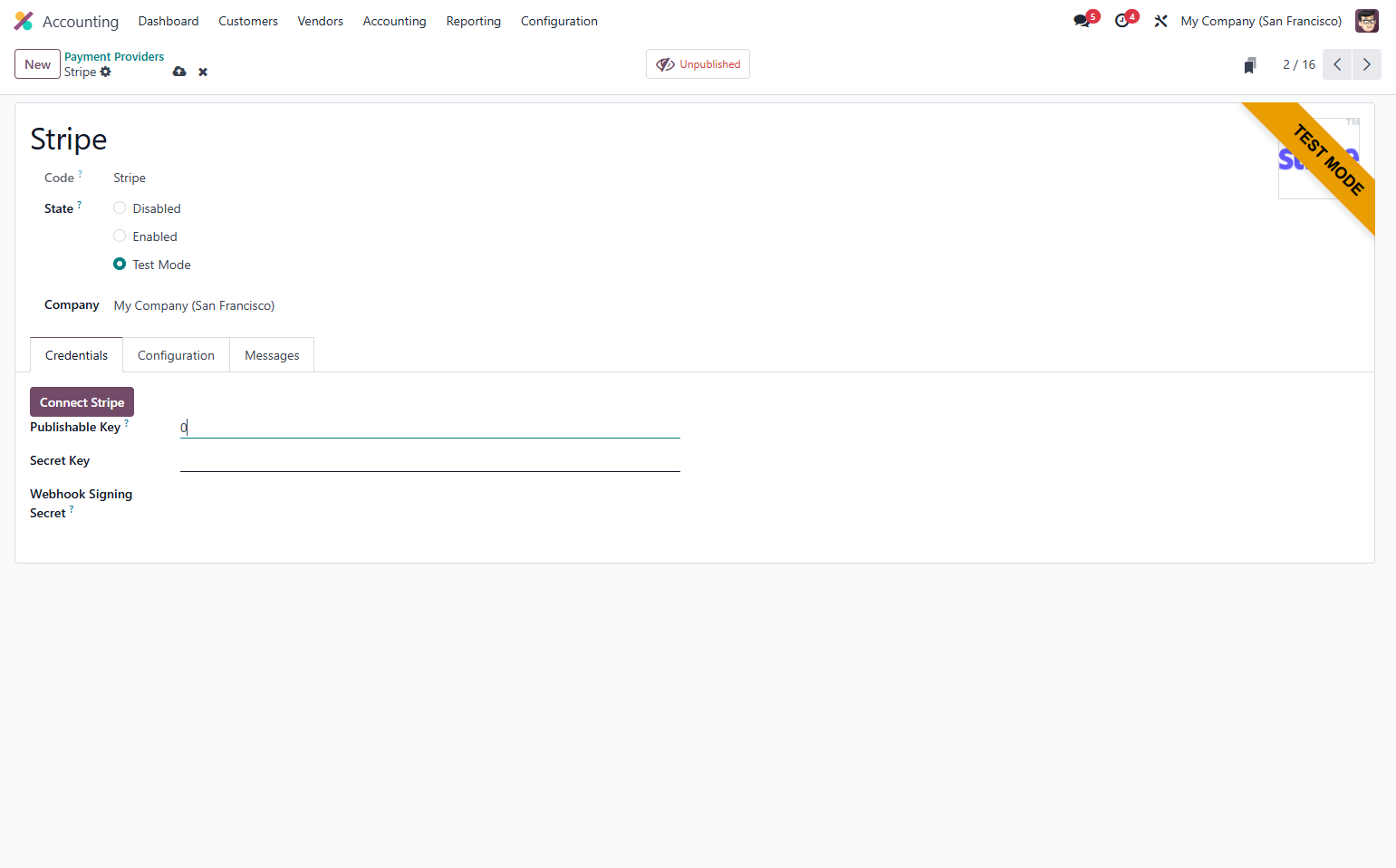 Fill in Publishable Key provided by the Selected API