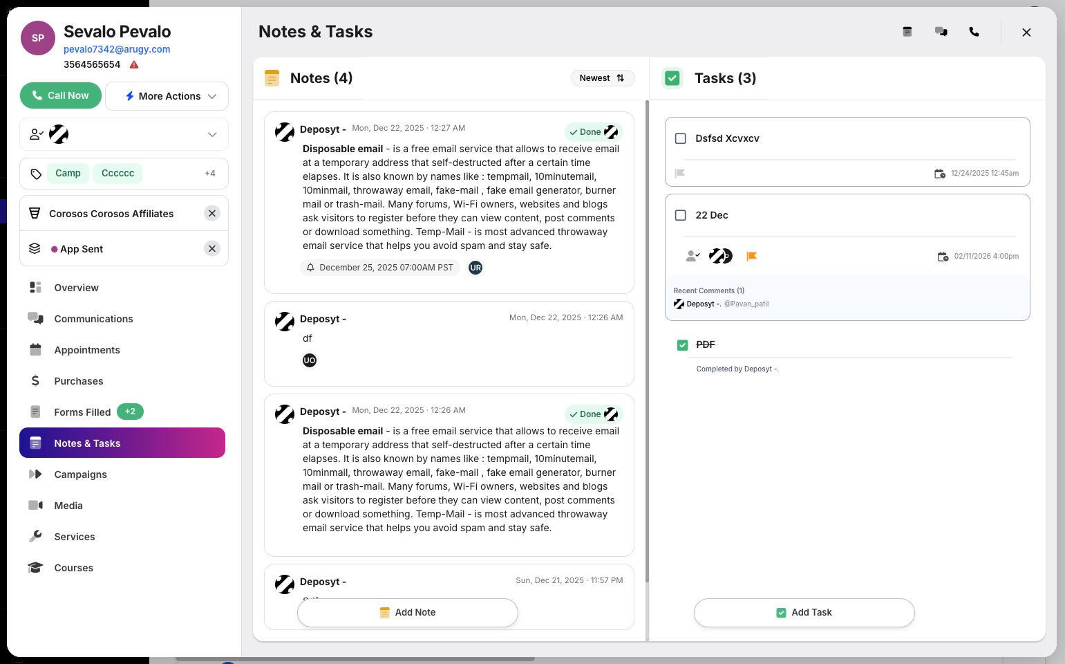 Step 4: From here, you can view and add notes and tasks for the customer.