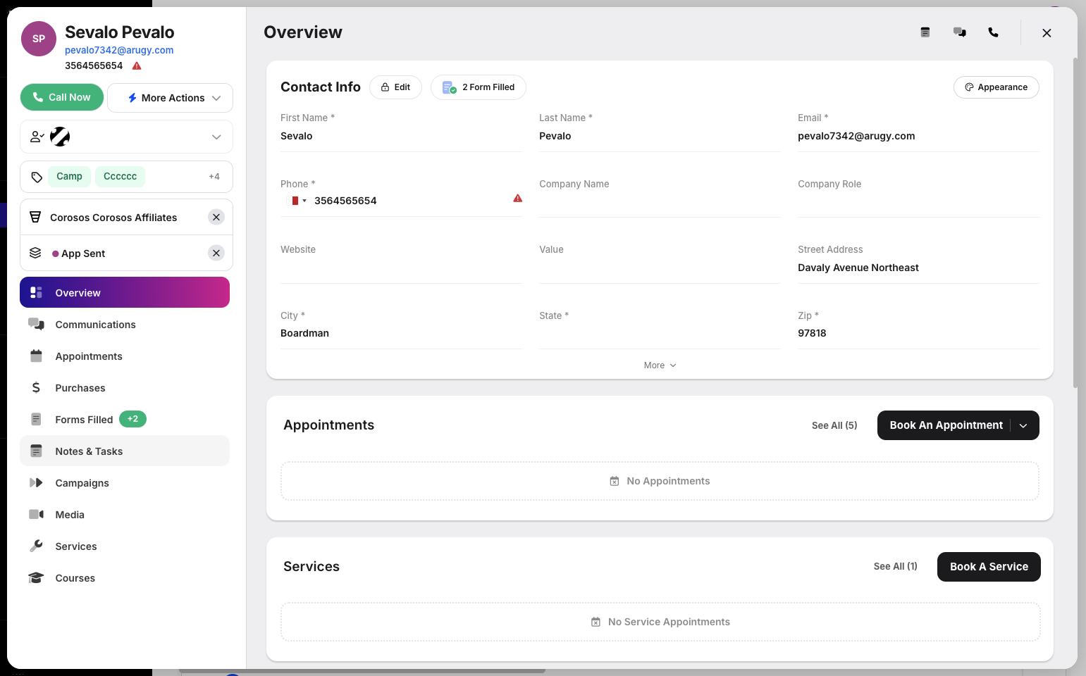 Step 3: The Customer Modal will appear. Click the Notes & Tasks tab, located under the Forms Filled tab.