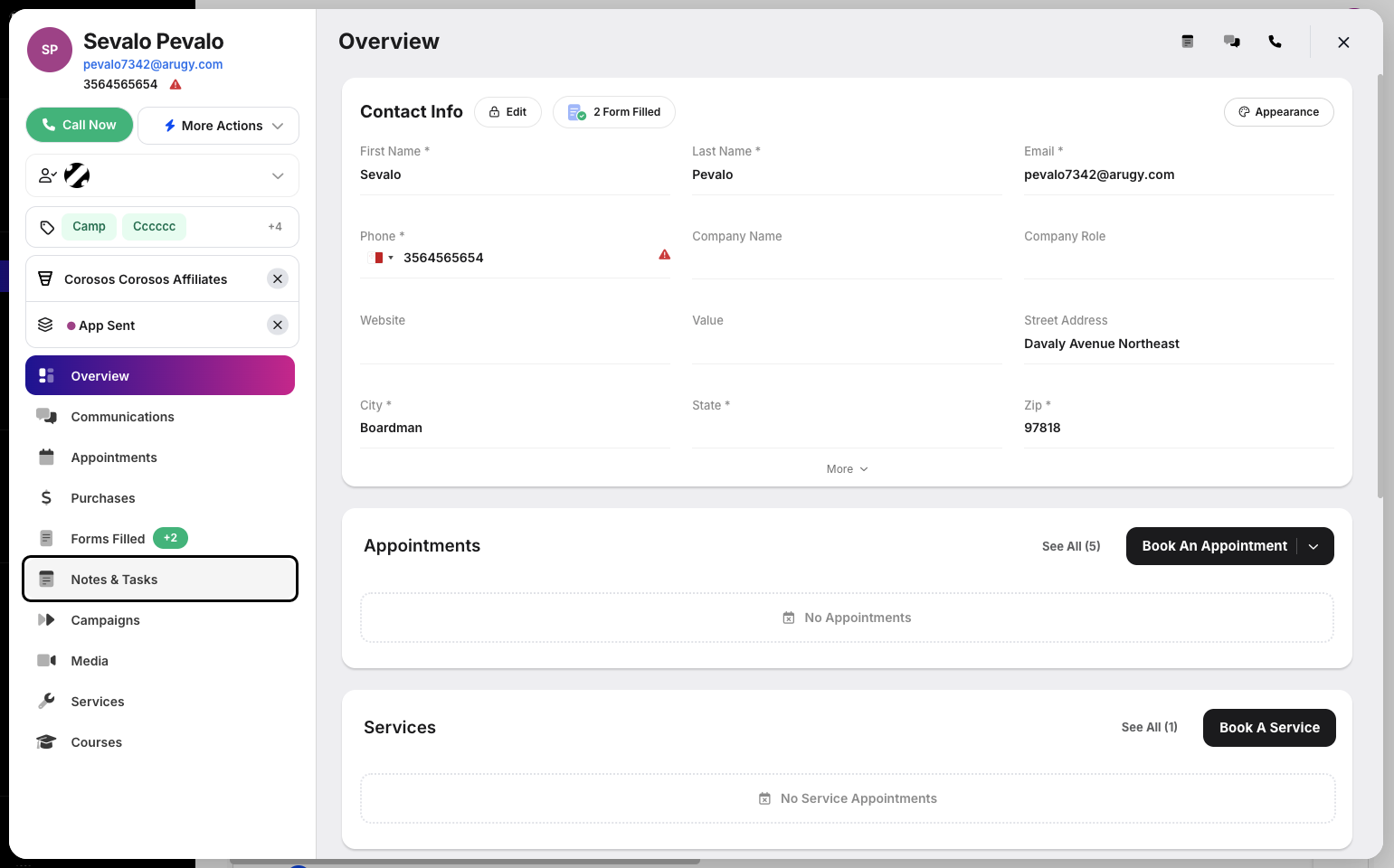 Step 3: The Customer Modal will appear. Click the Notes & Tasks tab, located under the Forms Filled tab.