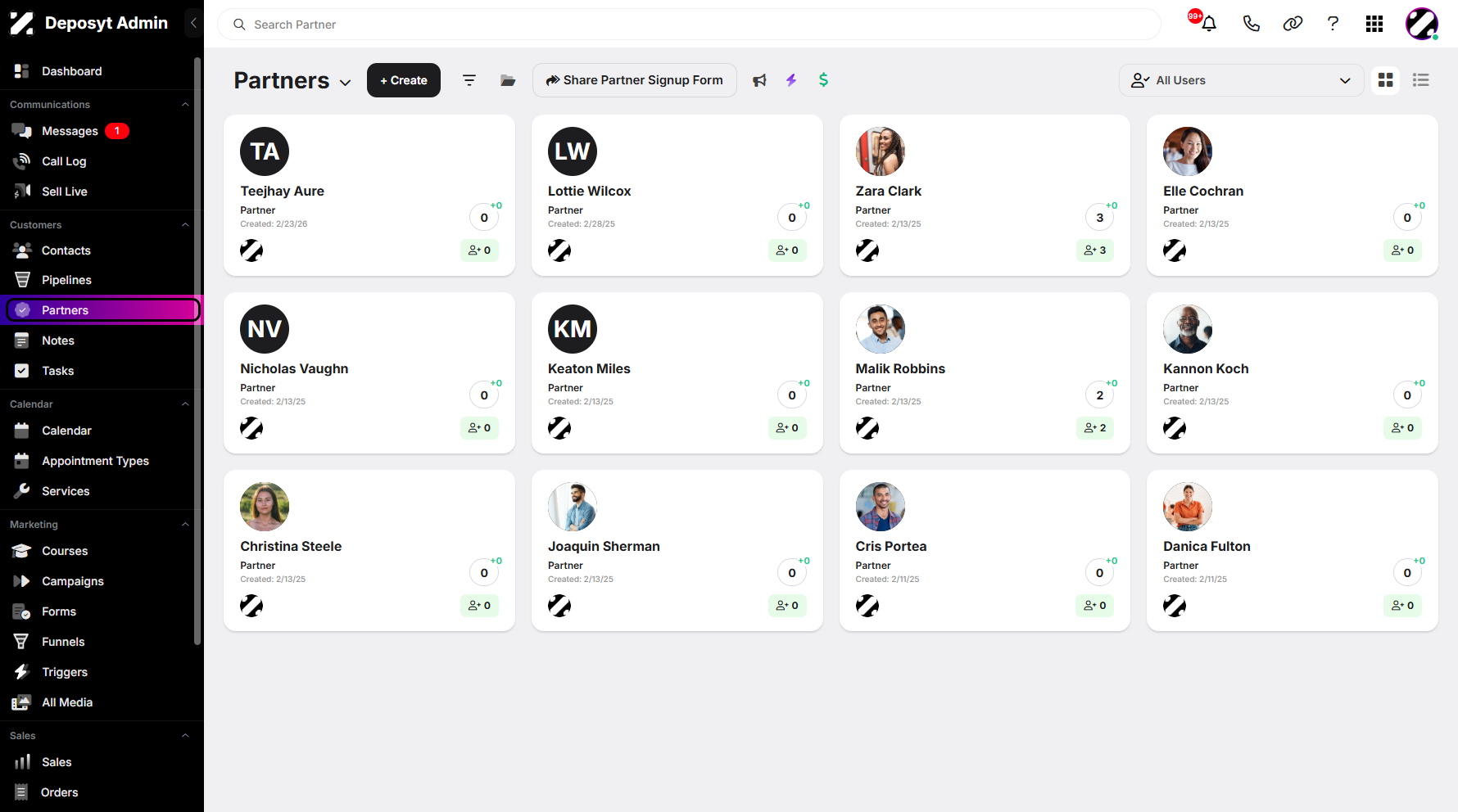 Step 1: On your Dashboard, navigate to the Partners under the Customers section.