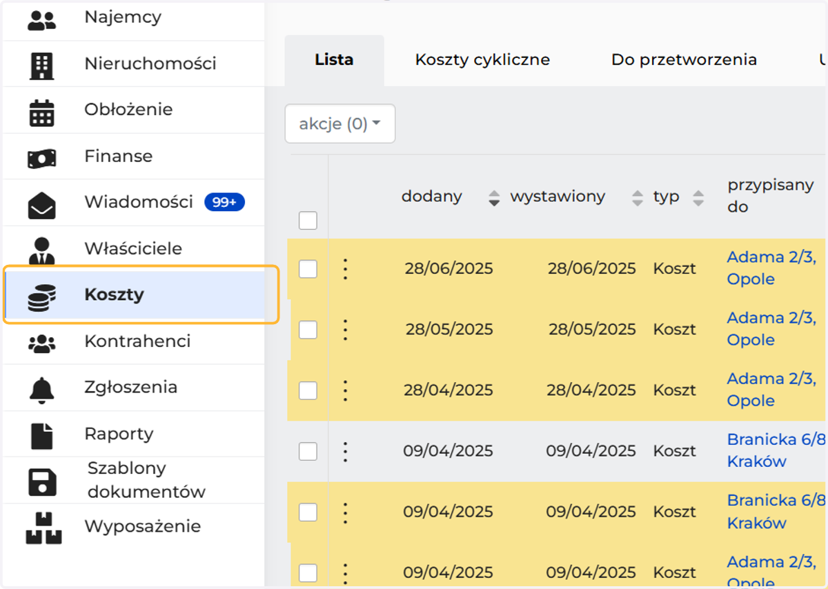 Przejdź do zakładki "Koszty"