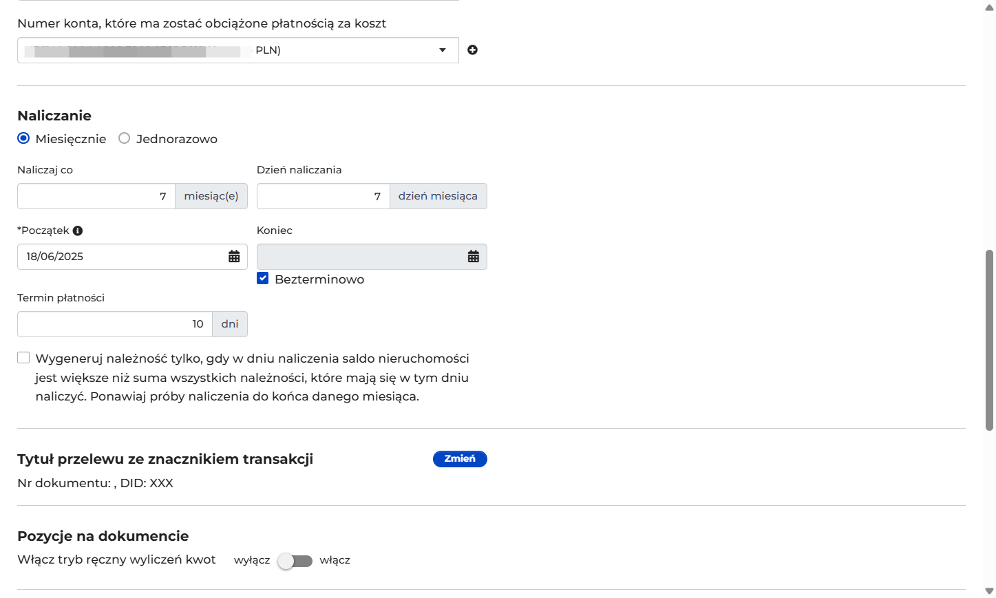 W przypadku kosztu cyklicznego ustal, co ile ma być naliczany (generowany) koszt