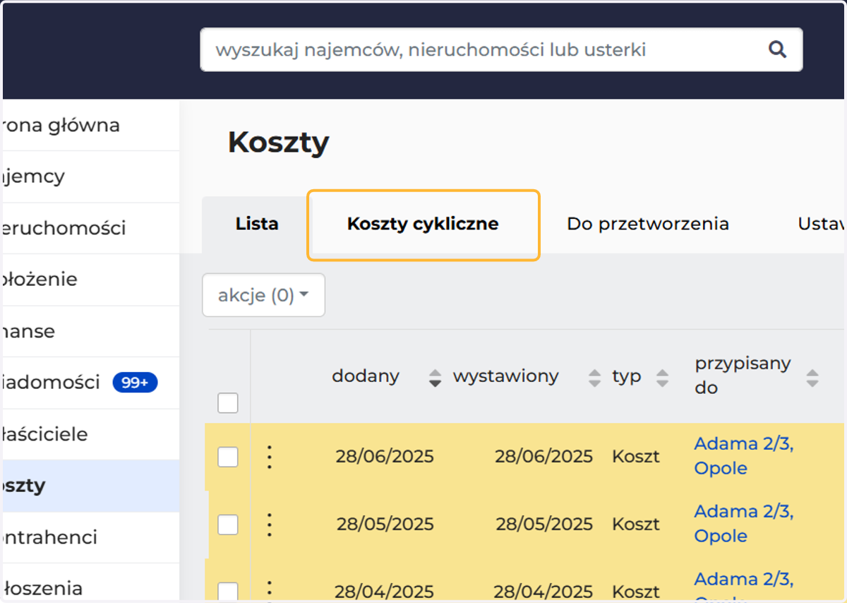 Następnie "Koszty cykliczne"