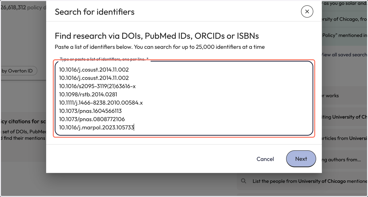 Paste identifiers into the pop-up box