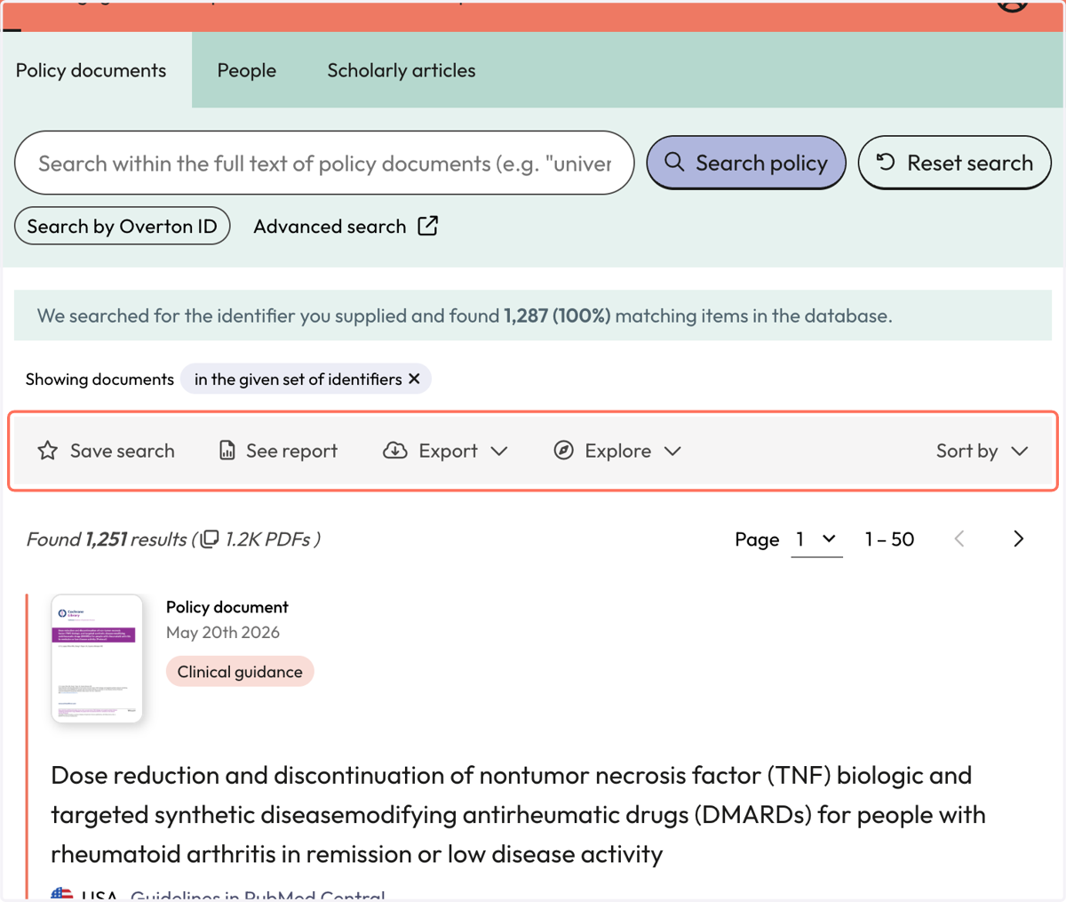 Use the action bar to save a search, generate a summary report, export* or explore further