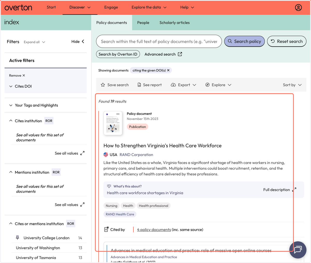 You will be directed to the 'Policy Documents Search' where you can view, filter, save or export the policy documents that cite your articles