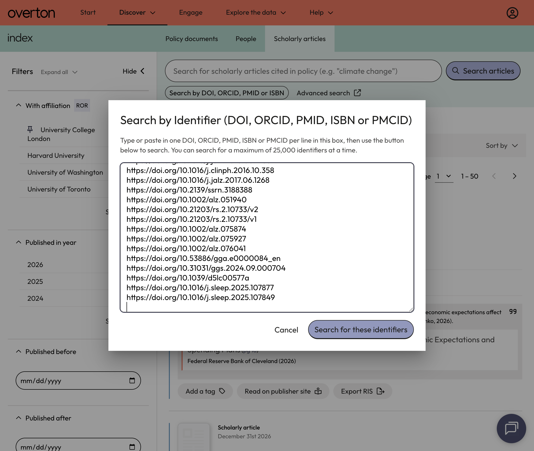 A. A pop-up search box appears B. Paste your list of identifiers into the search box C. Click on 'Search for these identifiers'