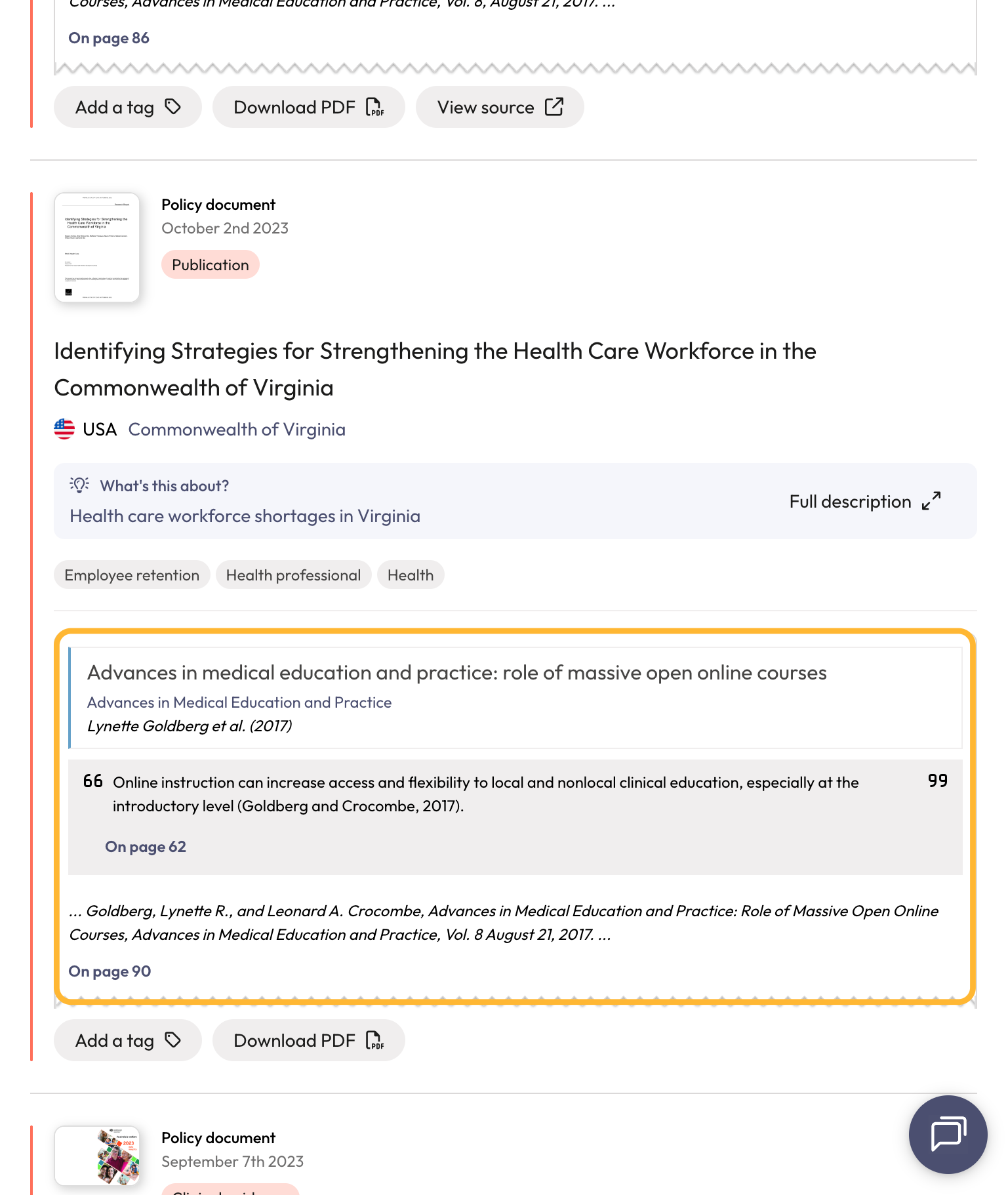 Each policy document result displays the name of the cited article, author and information about the citation from the full-text