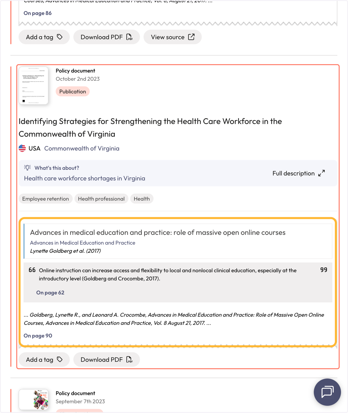 Each policy document result displays the name of the cited article, author and information about the citation from the full-text